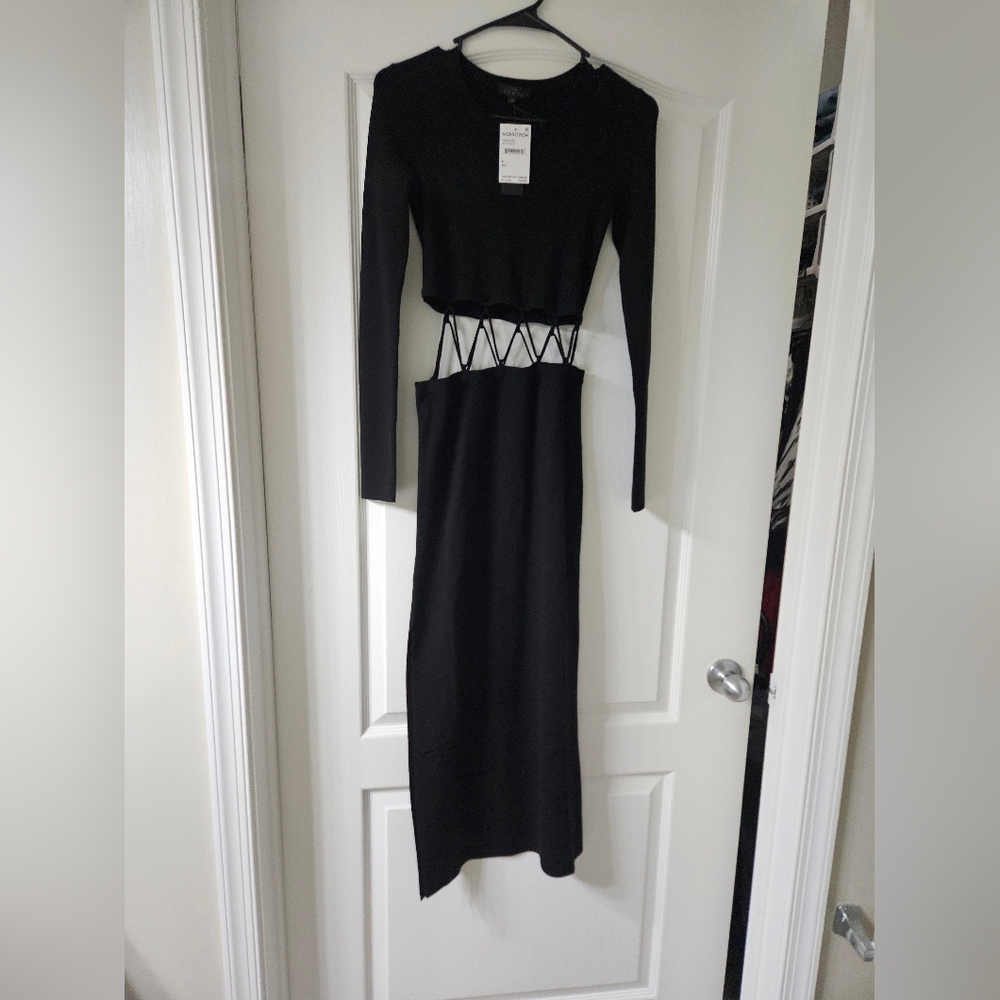Black Long-Sleeve Maxi Dress with Waist Cutout
